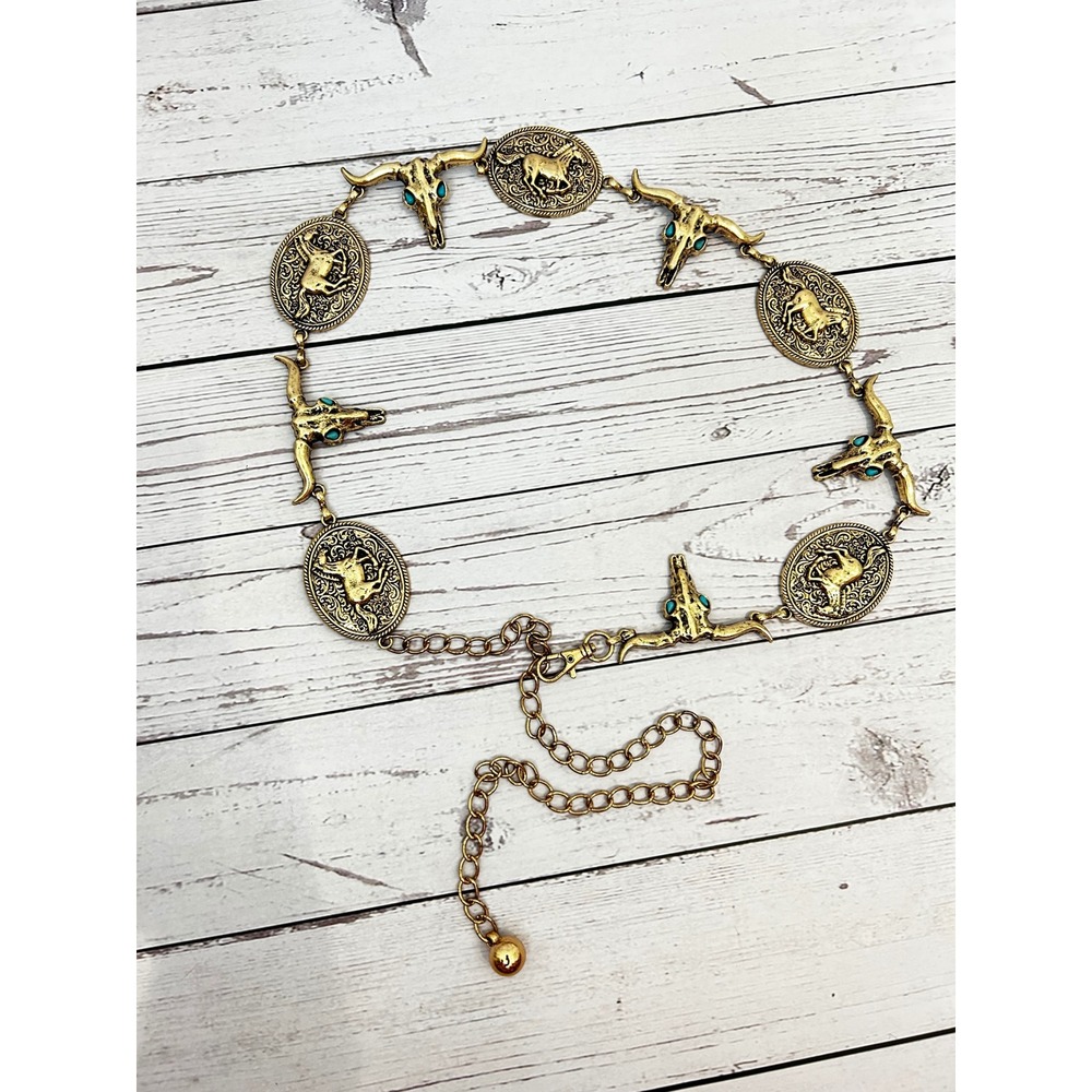 Western Bull Skull Horse Medallion Chain Belt Turquoise‎ Eyes Gold Tone 42 Inch
